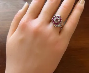10k White Gold Ruby Diamond Cluster Cocktail Ring Sz 7