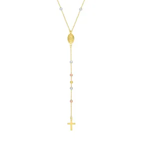 14K Gold Children's Virgin Mary with Cross Beaded Y-Necklace