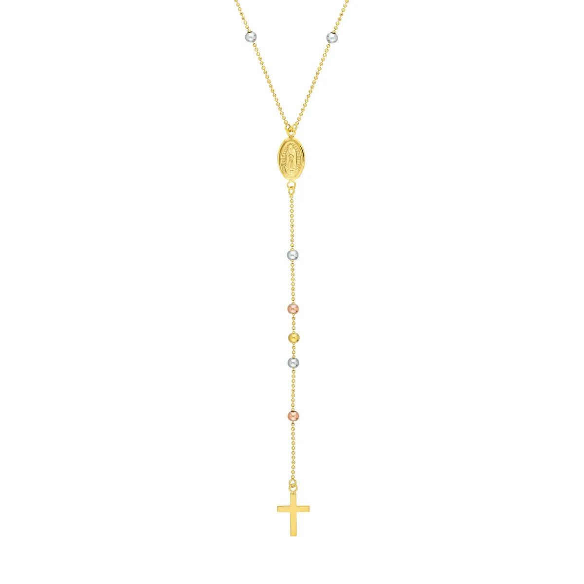 14K Gold Children's Virgin Mary with Cross Beaded Y-Necklace