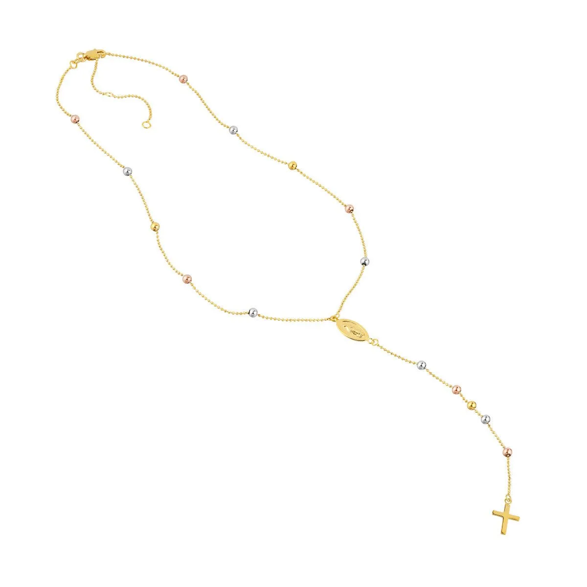 14K Gold Children's Virgin Mary with Cross Beaded Y-Necklace