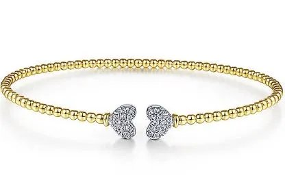14K White & Yellow Gold Split Cuff Bracelet Pave Diamond Hearts