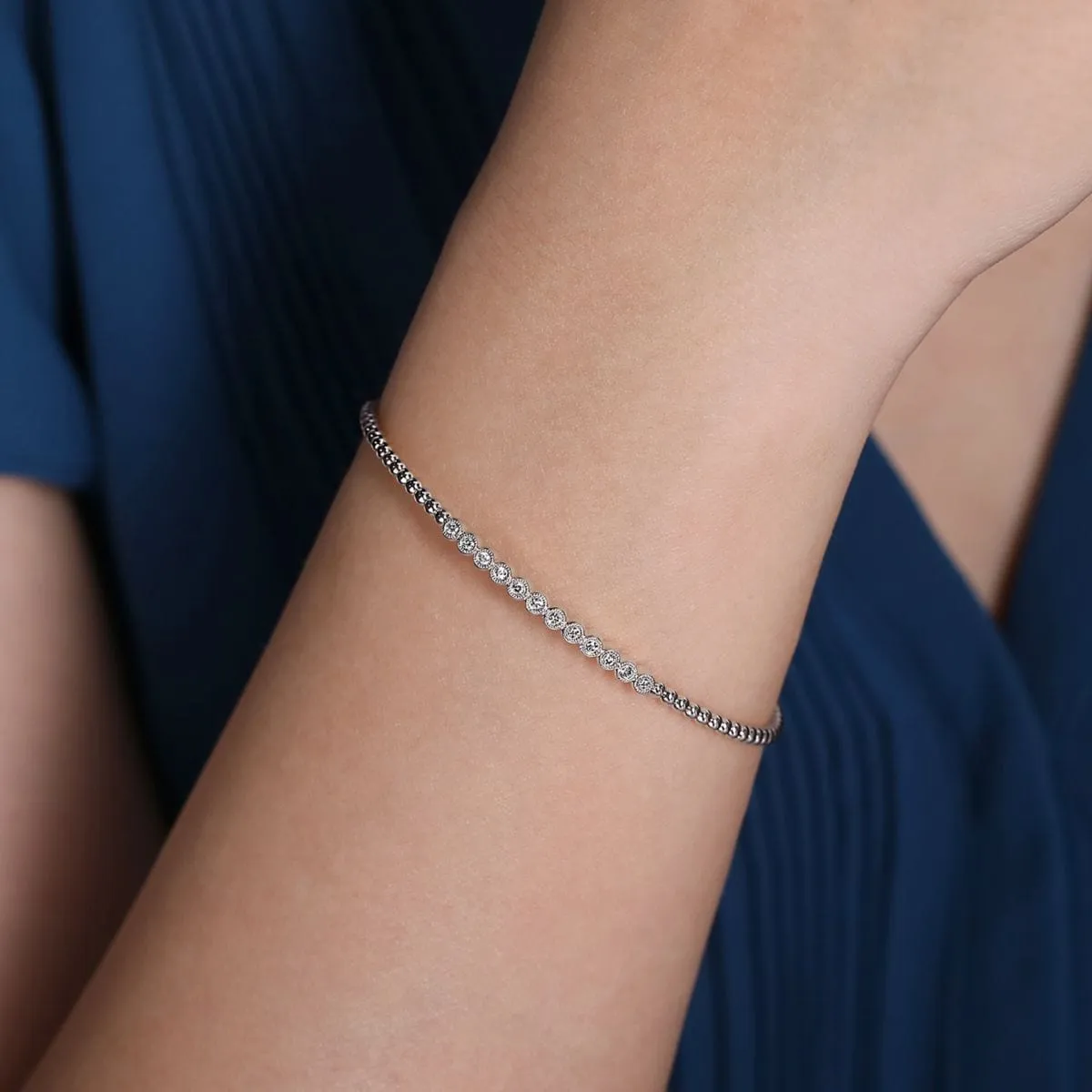 14K White Gold Bujukan Cuff Bracelet with Diamond Stations - BG4118-62W45JJ