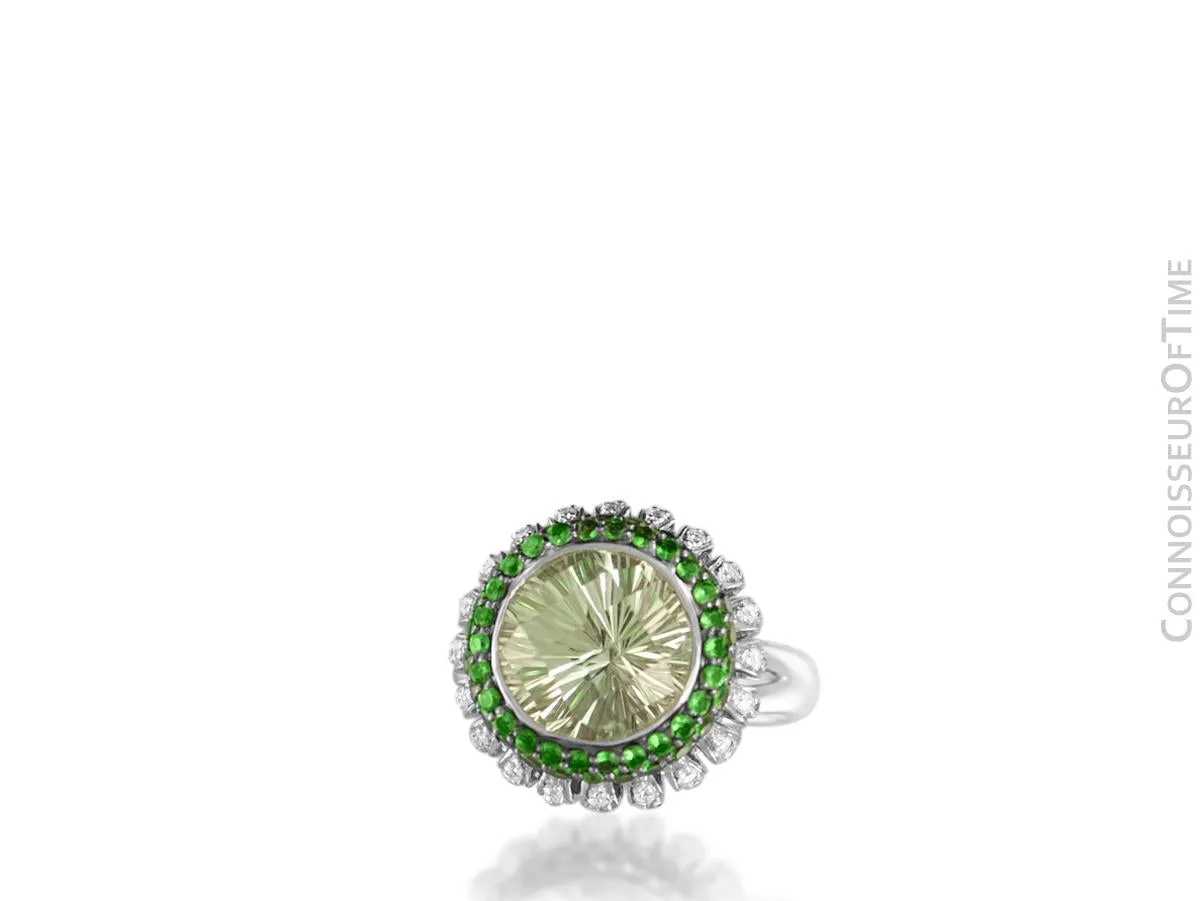 14K White Gold Diamond & Green Quartz Large High Fashion Cocktail Ring - 7.52 Carats Total Gem Weight