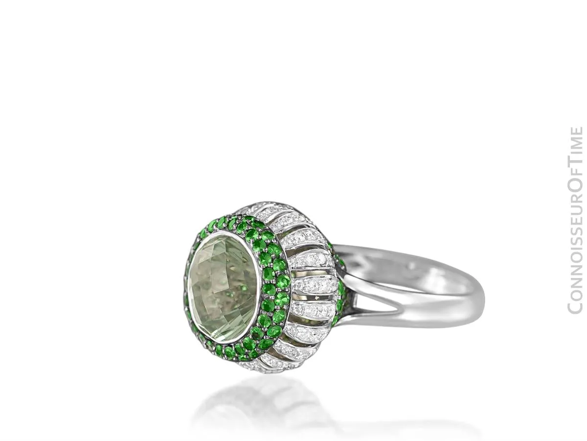 14K White Gold Diamond & Green Quartz Large High Fashion Cocktail Ring - 7.52 Carats Total Gem Weight