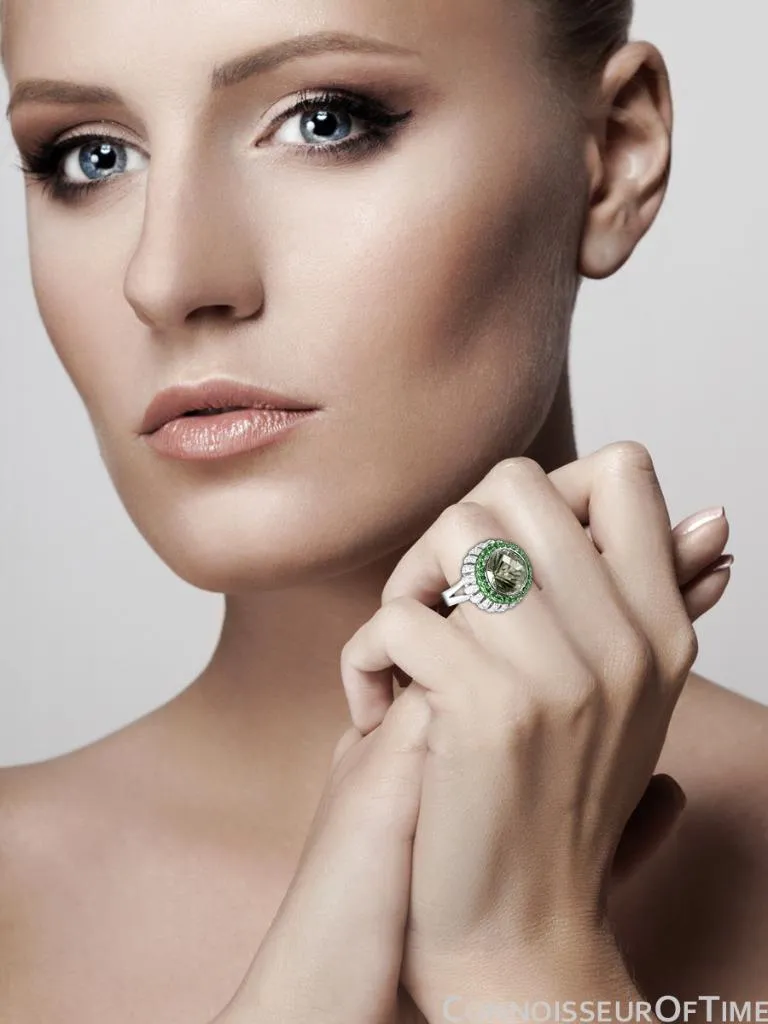 14K White Gold Diamond & Green Quartz Large High Fashion Cocktail Ring - 7.52 Carats Total Gem Weight