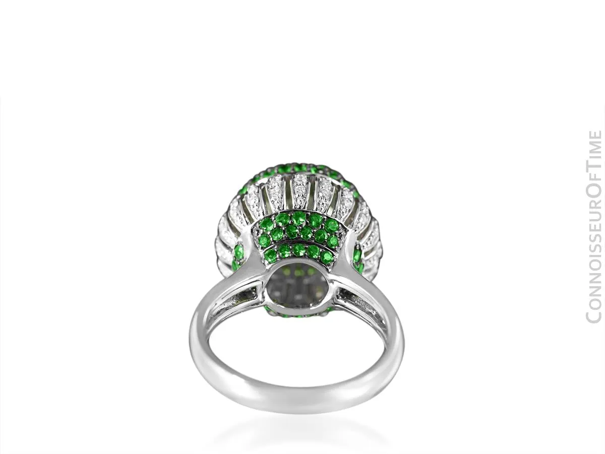 14K White Gold Diamond & Green Quartz Large High Fashion Cocktail Ring - 7.52 Carats Total Gem Weight