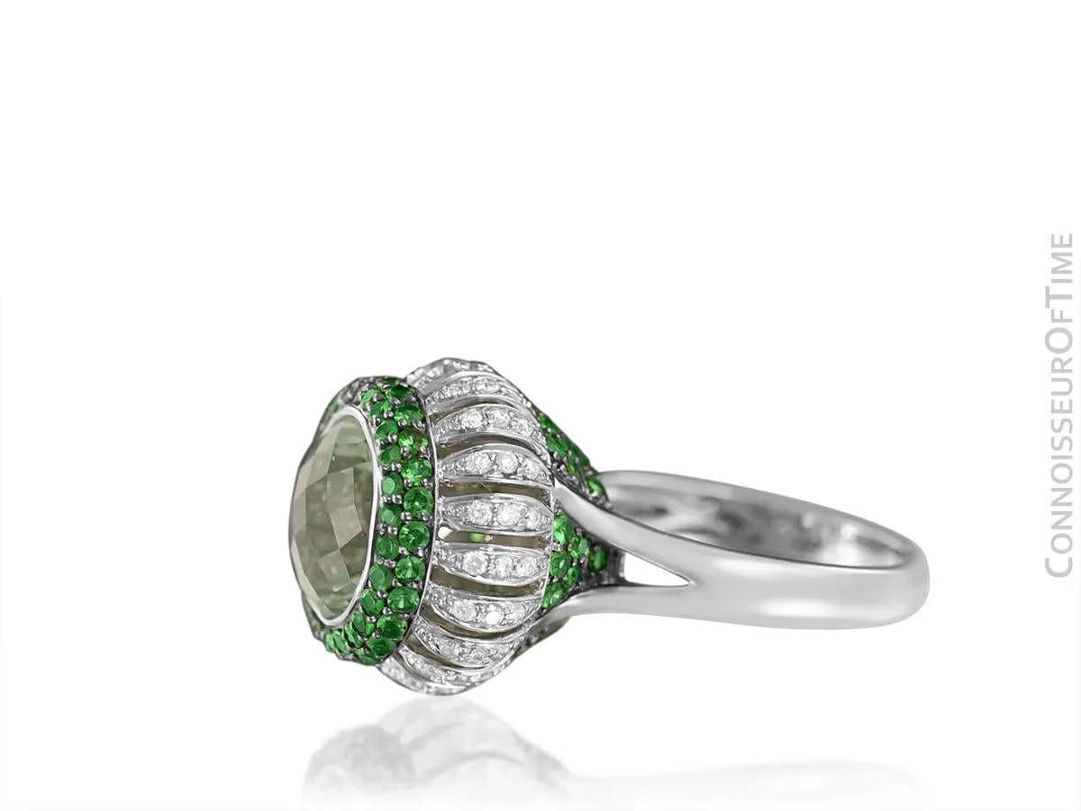 14K White Gold Diamond & Green Quartz Large High Fashion Cocktail Ring - 7.52 Carats Total Gem Weight