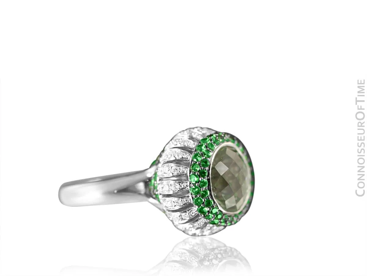 14K White Gold Diamond & Green Quartz Large High Fashion Cocktail Ring - 7.52 Carats Total Gem Weight