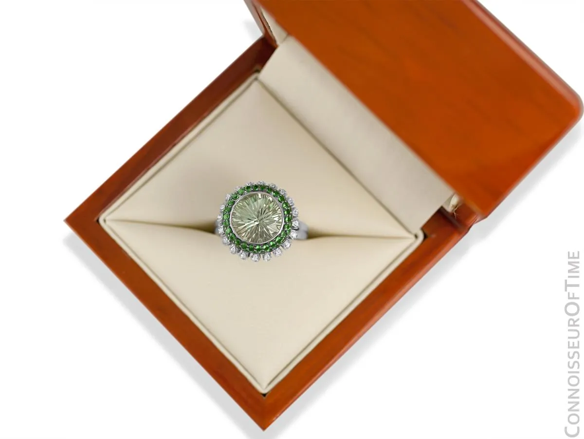 14K White Gold Diamond & Green Quartz Large High Fashion Cocktail Ring - 7.52 Carats Total Gem Weight