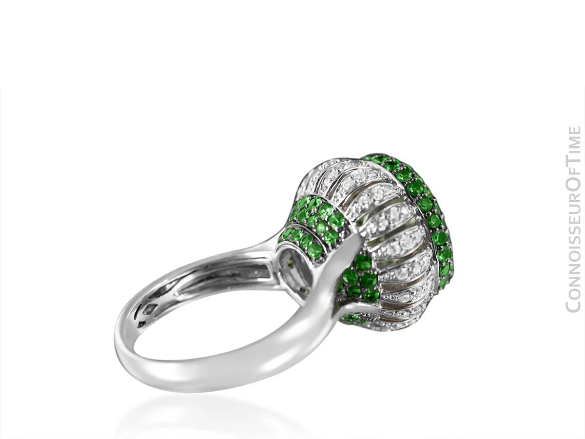 14K White Gold Diamond & Green Quartz Large High Fashion Cocktail Ring - 7.52 Carats Total Gem Weight