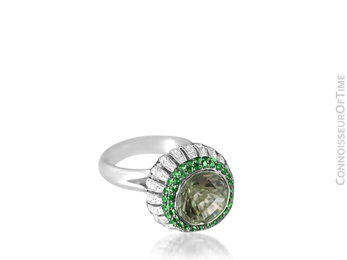 14K White Gold Diamond & Green Quartz Large High Fashion Cocktail Ring - 7.52 Carats Total Gem Weight