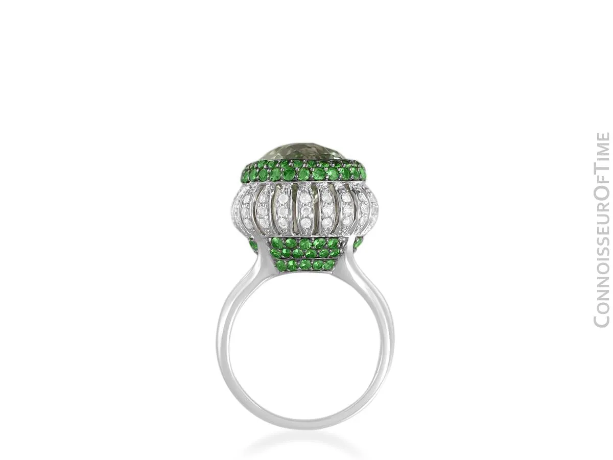 14K White Gold Diamond & Green Quartz Large High Fashion Cocktail Ring - 7.52 Carats Total Gem Weight