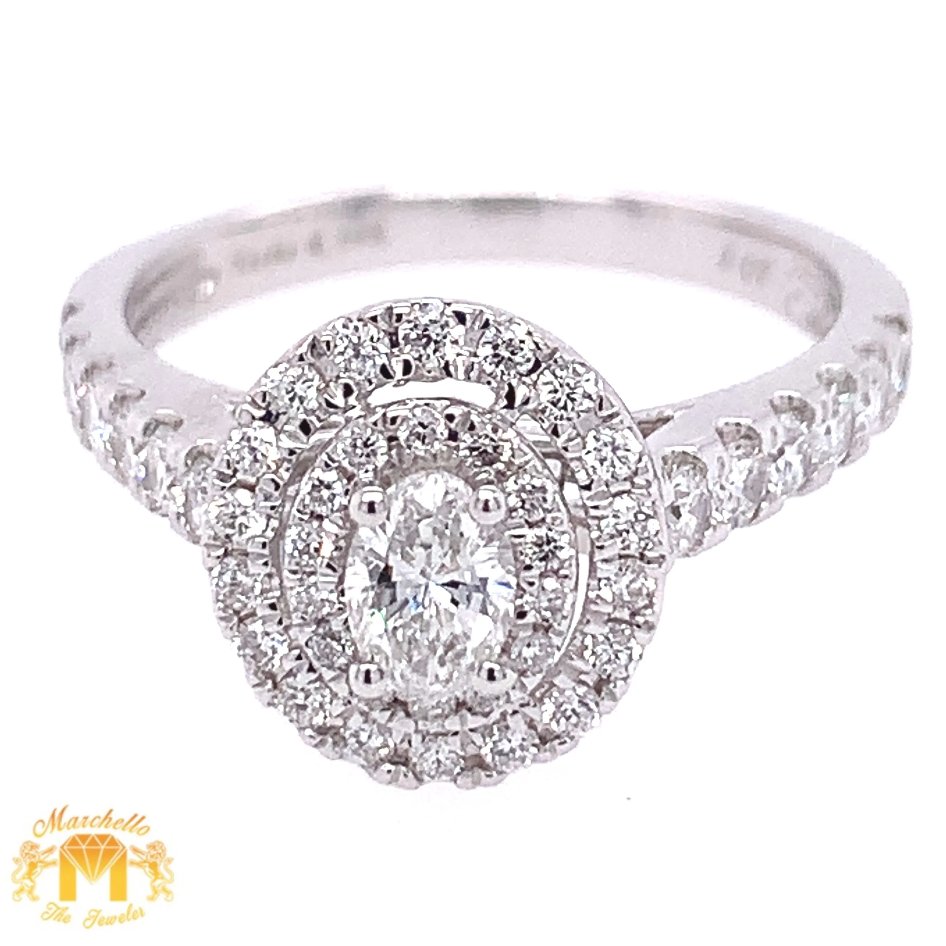 14k White Gold Oval-shaped Engagement Diamond Ring with a Halo (oval solitaire center, double halo)
