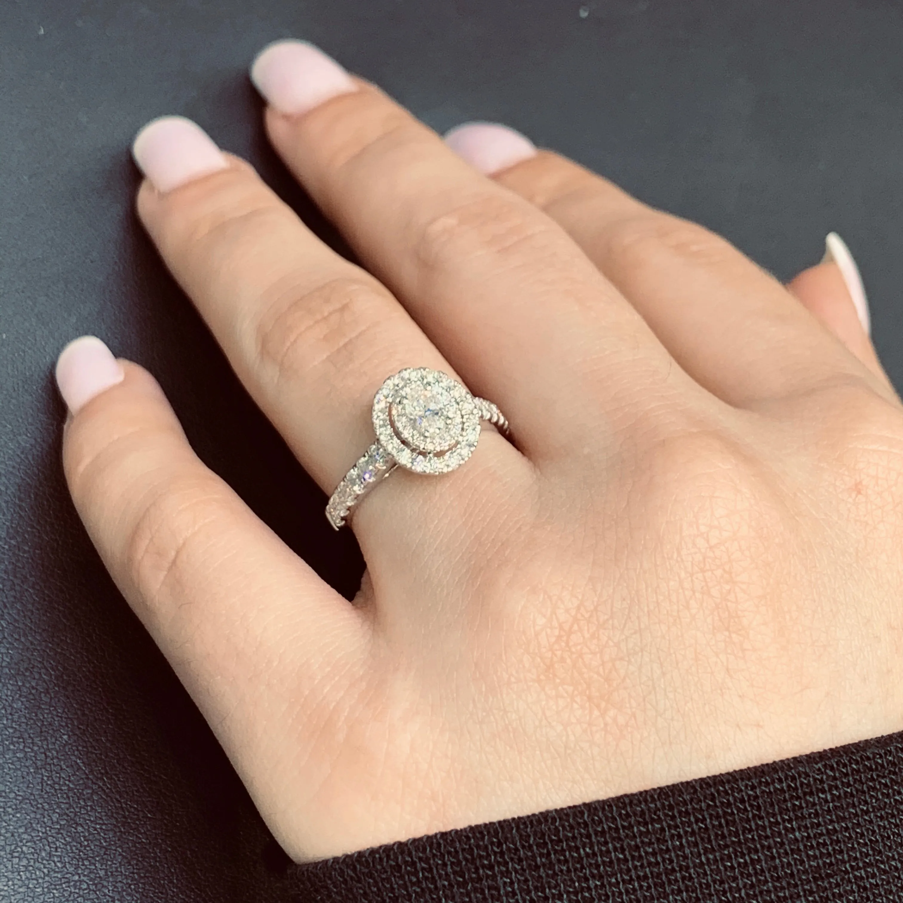 14k White Gold Oval-shaped Engagement Diamond Ring with a Halo (oval solitaire center, double halo)