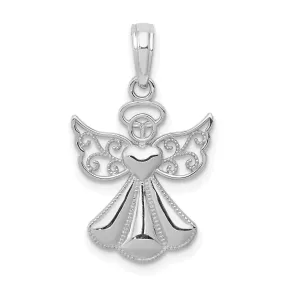 14K White Gold Polished Concave Guardian Angel With Heart Pendant
