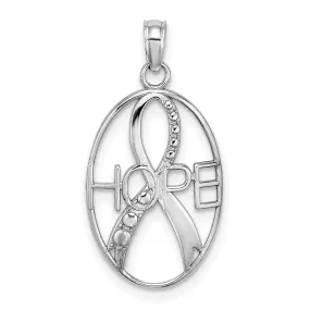 14K White Gold Textured Polished Finish HOPE with Ribbon Oval Shape Charm Pendant