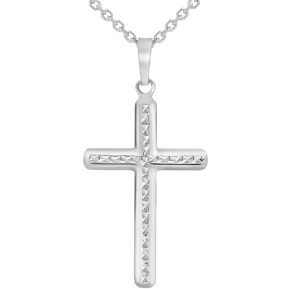 14k White Gold Textured Religious Classic Cross Pendant Necklace with Rolo Cable Chain