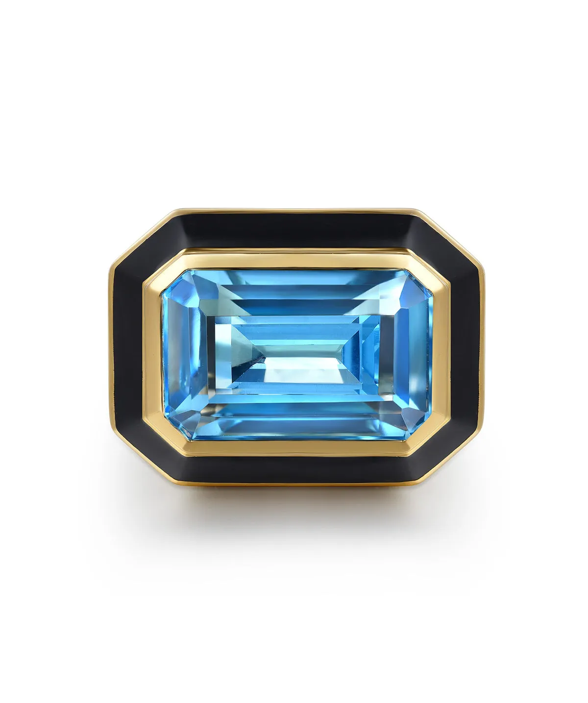 14K Yellow Gold Blue Topaz Emerald Cut Ladies Ring With Flower Pattern J-Back and Black Enamel