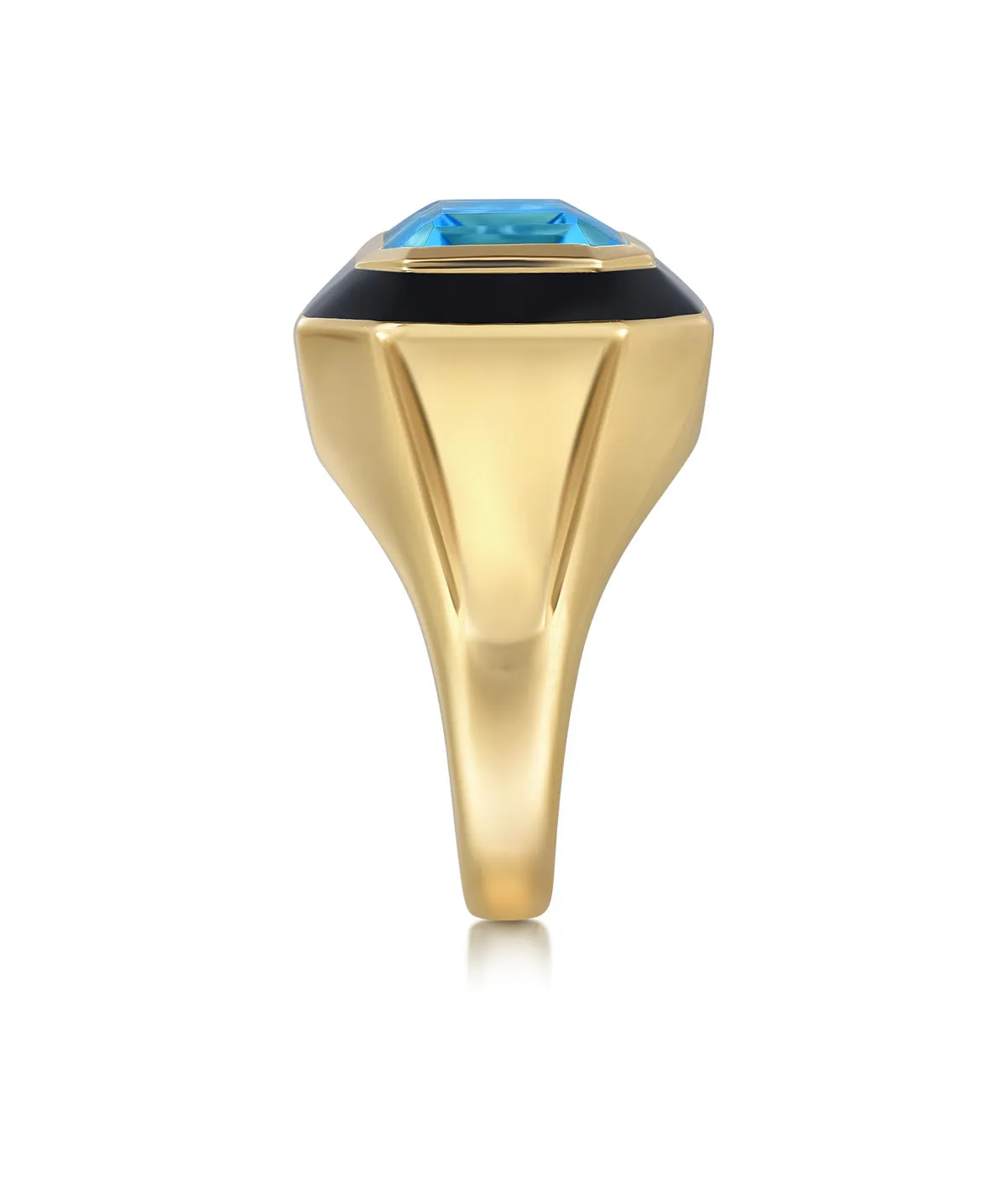 14K Yellow Gold Blue Topaz Emerald Cut Ladies Ring With Flower Pattern J-Back and Black Enamel