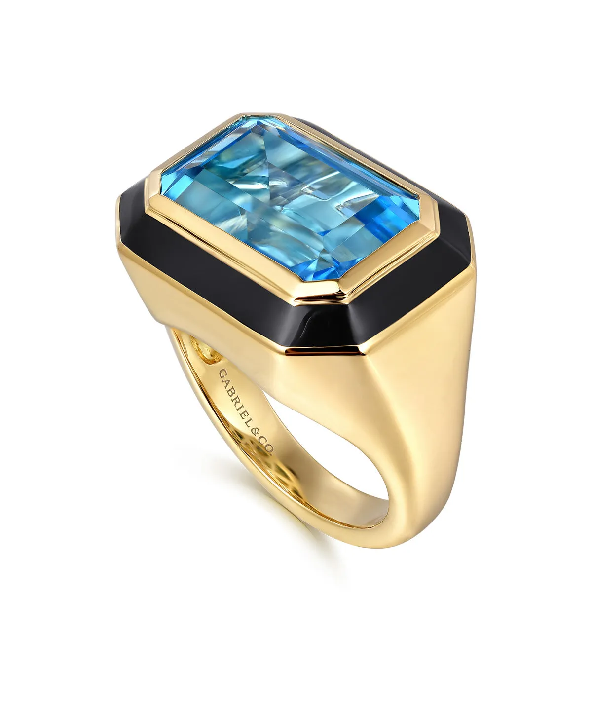 14K Yellow Gold Blue Topaz Emerald Cut Ladies Ring With Flower Pattern J-Back and Black Enamel
