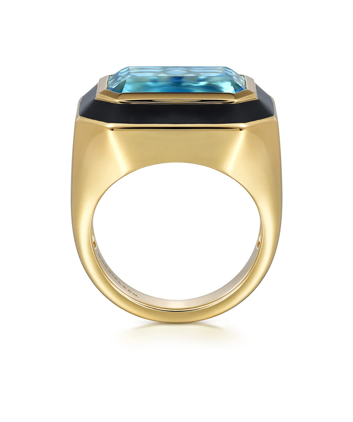 14K Yellow Gold Blue Topaz Emerald Cut Ladies Ring With Flower Pattern J-Back and Black Enamel