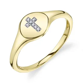 14K Yellow Gold Diamond Cross Signet Ring