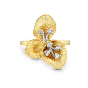 14K Yellow Gold Peony Design Flower Ring Natural Diamond