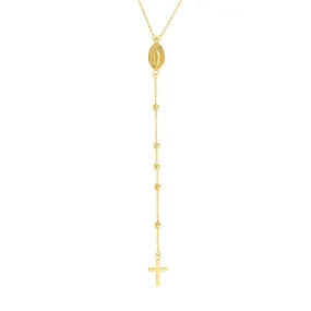 14K Yellow Gold Virgin Mary with Cross Beaded Y-Necklace