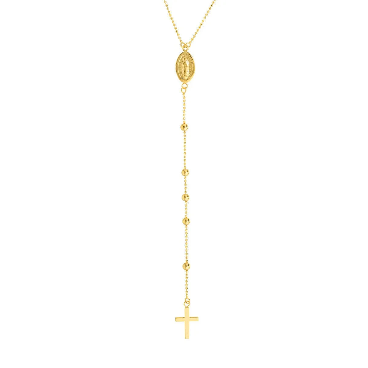 14K Yellow Gold Virgin Mary with Cross Beaded Y-Necklace