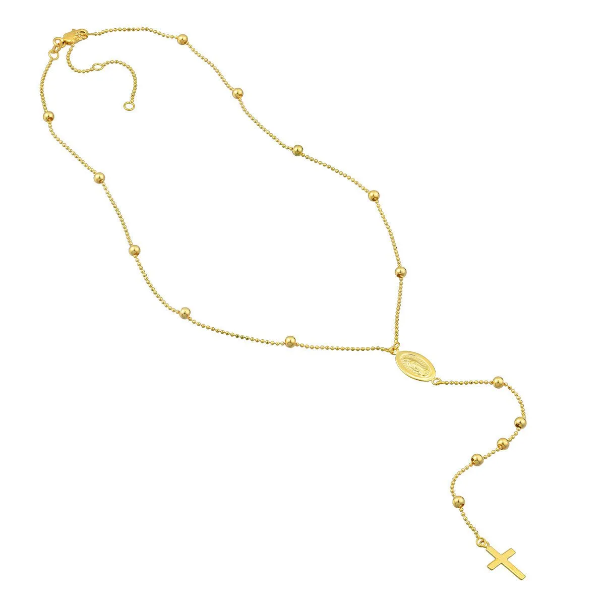 14K Yellow Gold Virgin Mary with Cross Beaded Y-Necklace