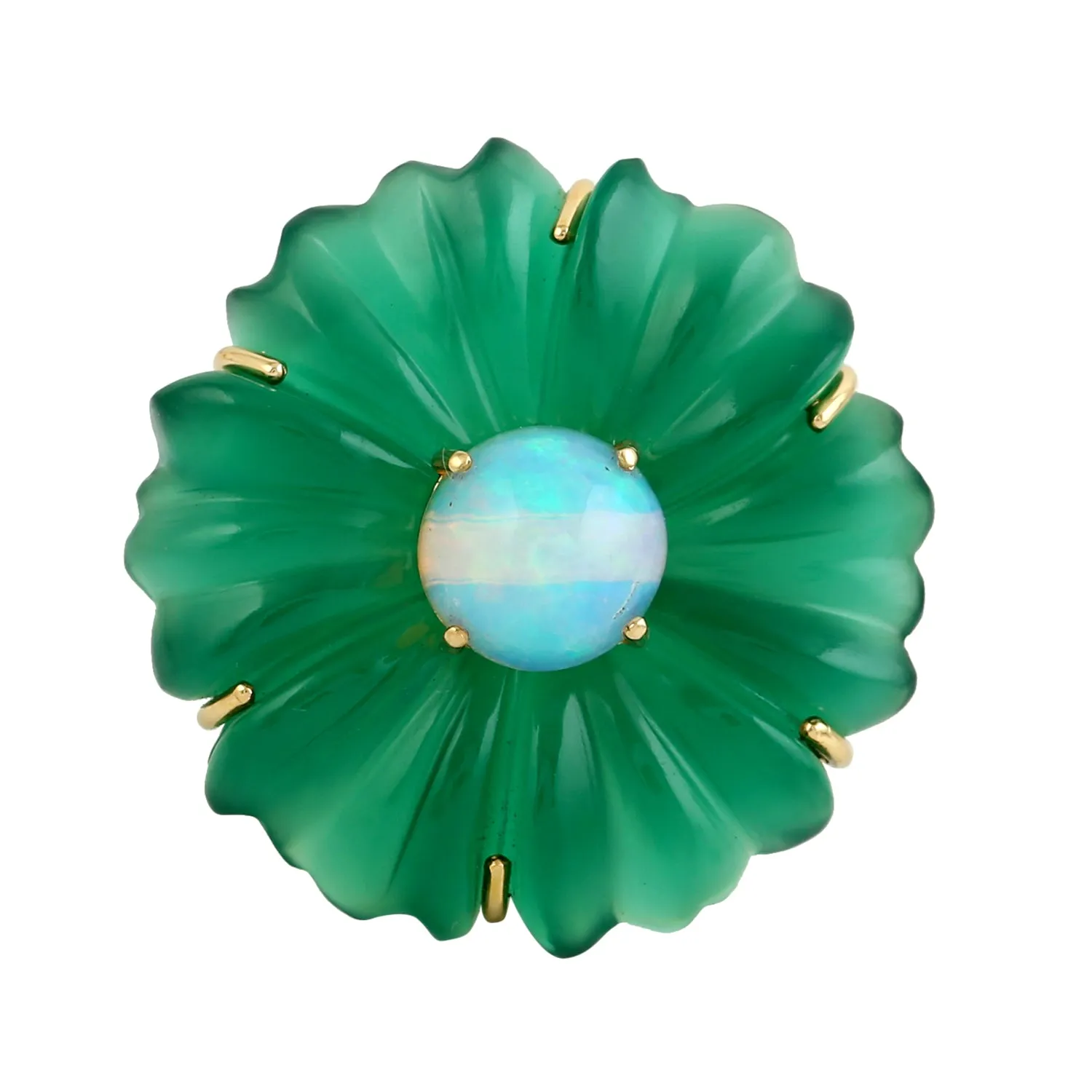 18K Yellow Gold Carved Onyx Opal Ethiopian Tsavorite Gemstone Pave Diamond Flower Ring