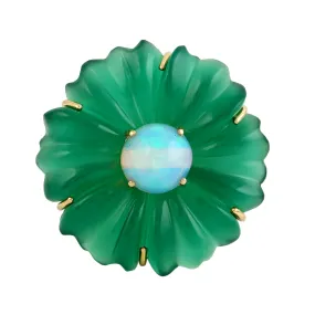 18K Yellow Gold Carved Onyx Opal Ethiopian Tsavorite Gemstone Pave Diamond Flower Ring