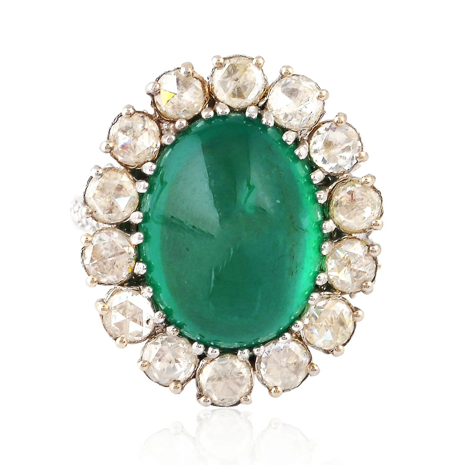 18K Yellow Gold Oval Cut Emerald Full Eternity Engagement Ring Pave Diamond For Her