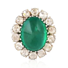 18K Yellow Gold Oval Cut Emerald Full Eternity Engagement Ring Pave Diamond For Her
