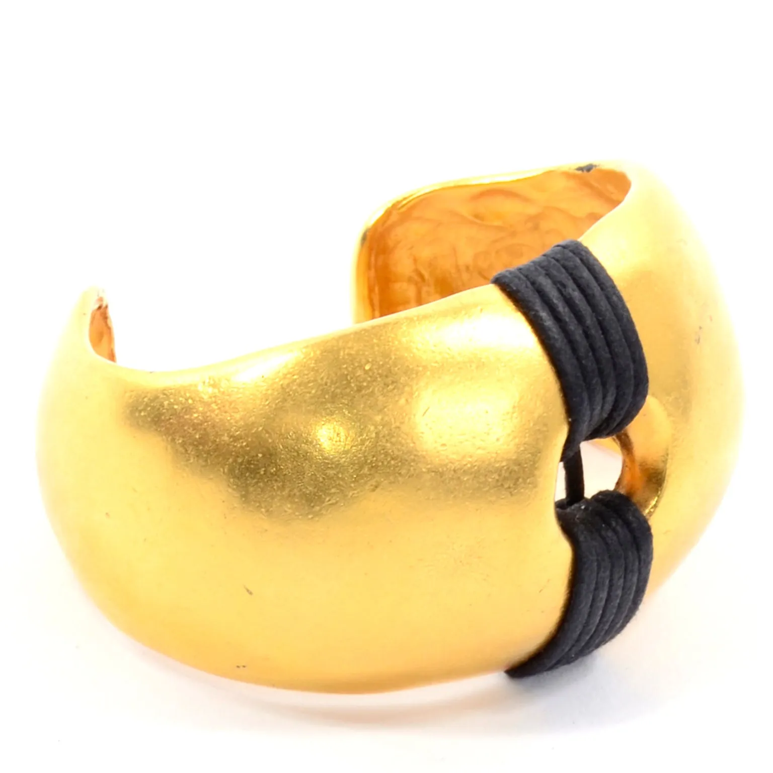 1980s Vintage Gold Plated Cuff Bracelet w/ Wrapped Black Band Details