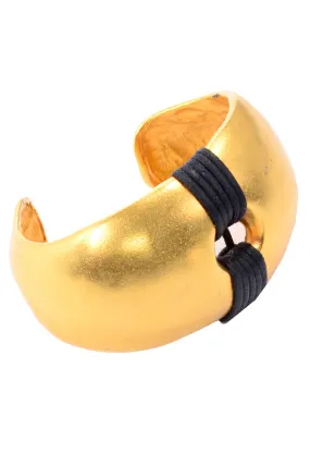 1980s Vintage Gold Plated Cuff Bracelet w/ Wrapped Black Band Details