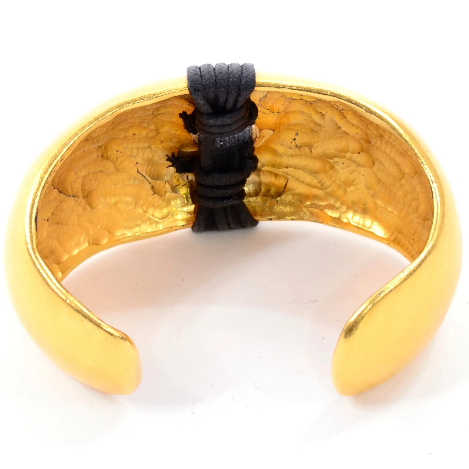 1980s Vintage Gold Plated Cuff Bracelet w/ Wrapped Black Band Details