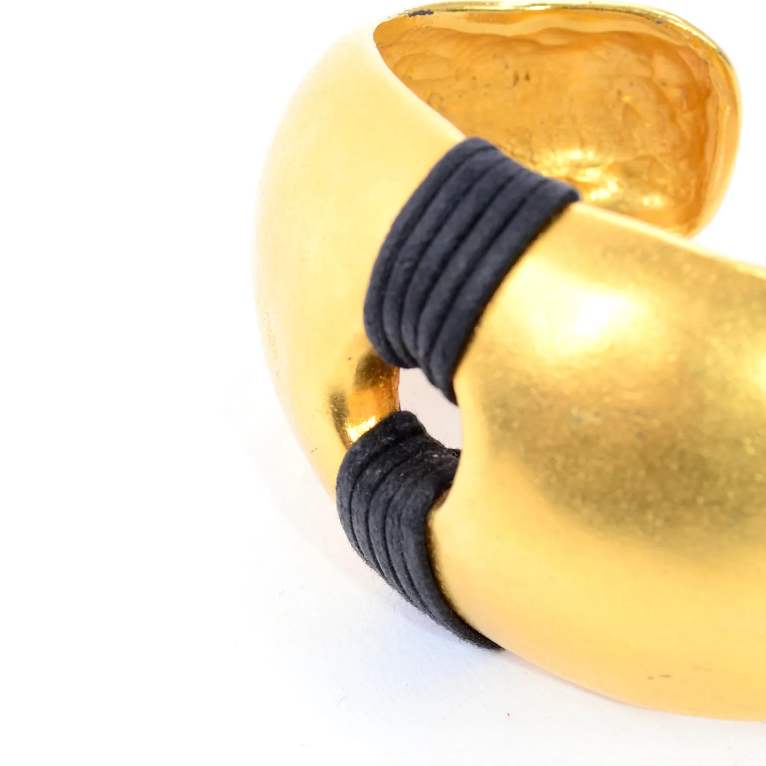 1980s Vintage Gold Plated Cuff Bracelet w/ Wrapped Black Band Details