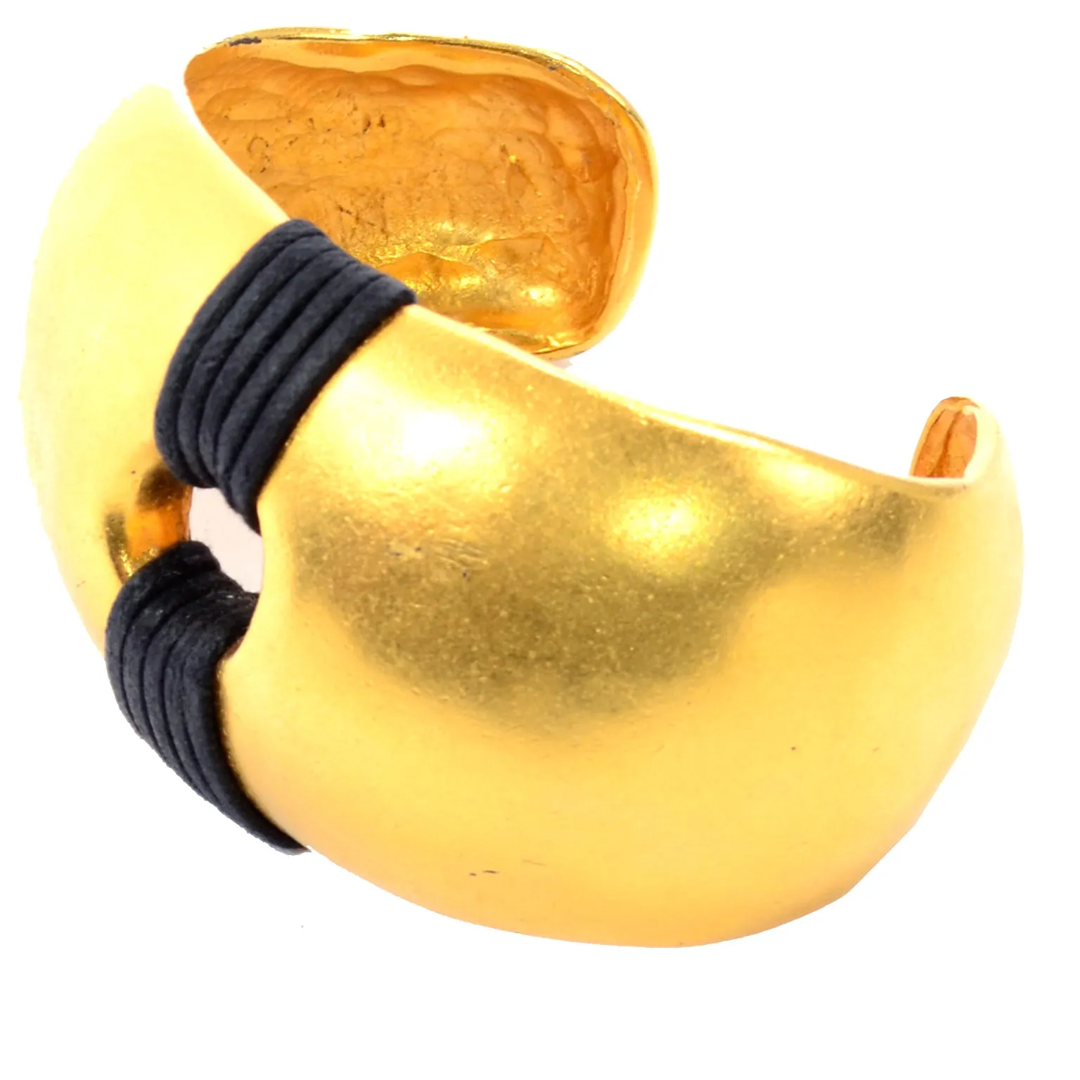 1980s Vintage Gold Plated Cuff Bracelet w/ Wrapped Black Band Details
