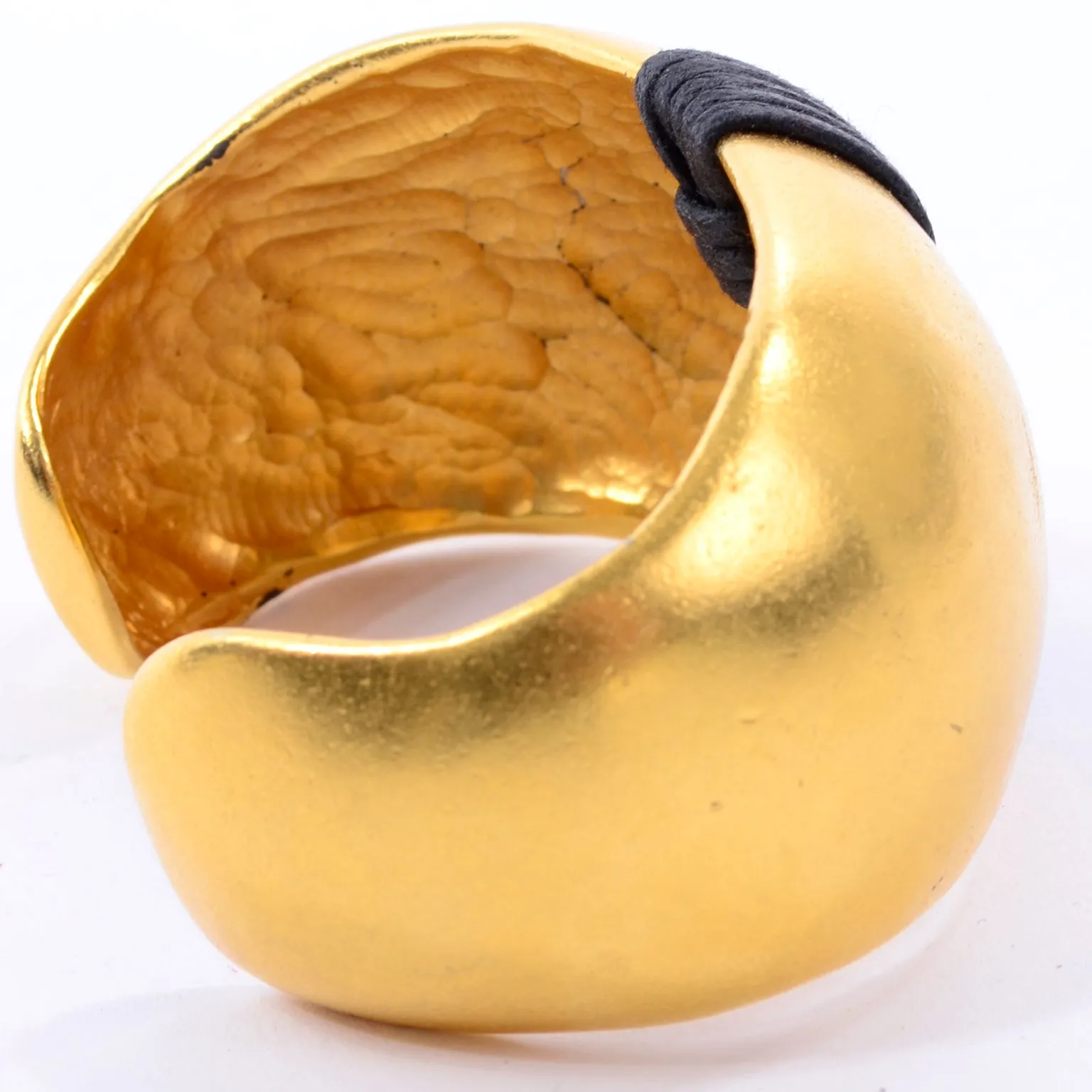 1980s Vintage Gold Plated Cuff Bracelet w/ Wrapped Black Band Details
