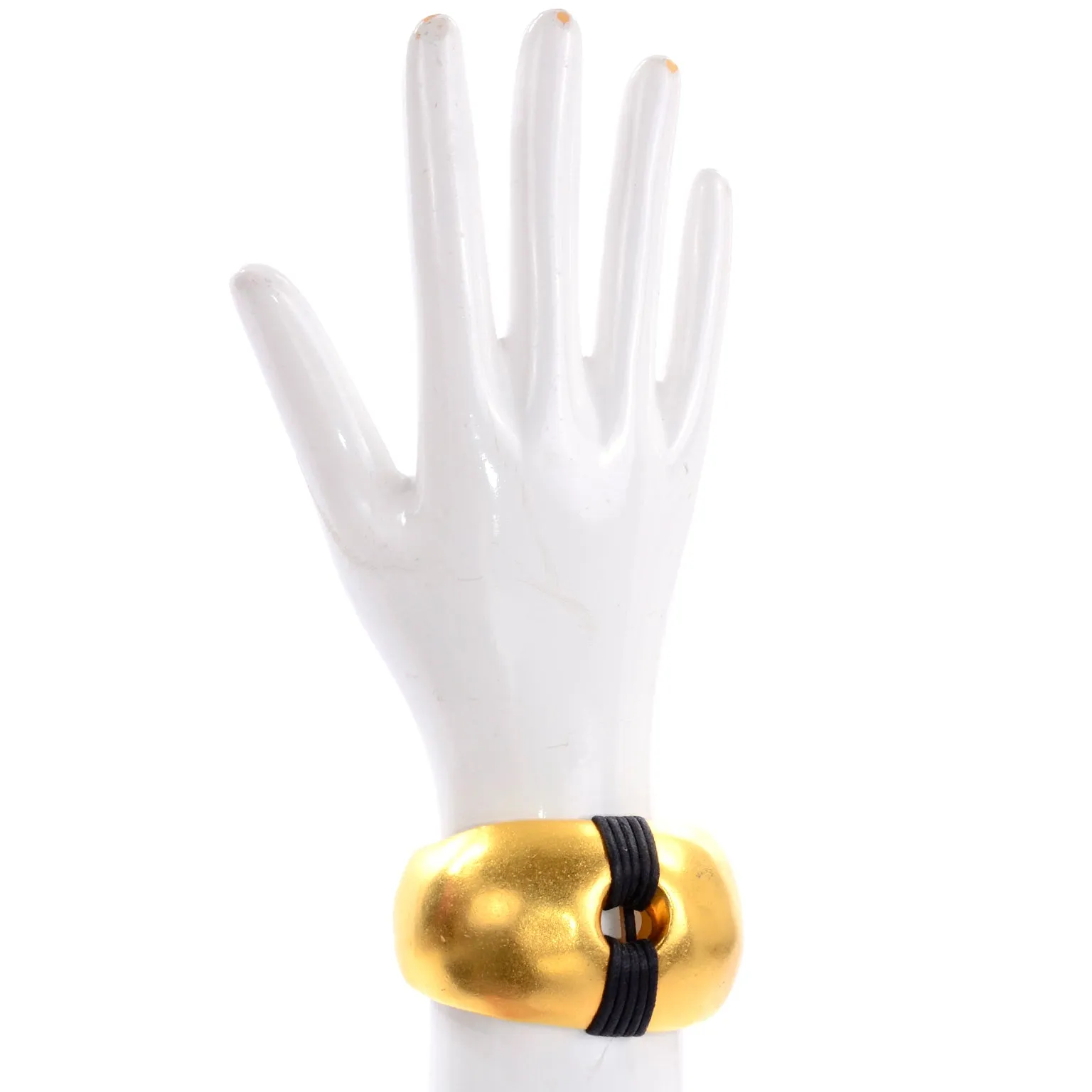 1980s Vintage Gold Plated Cuff Bracelet w/ Wrapped Black Band Details