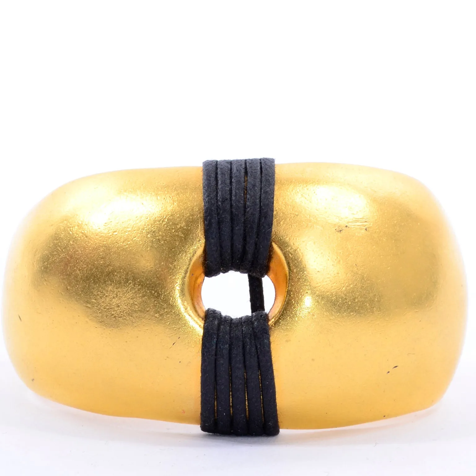 1980s Vintage Gold Plated Cuff Bracelet w/ Wrapped Black Band Details