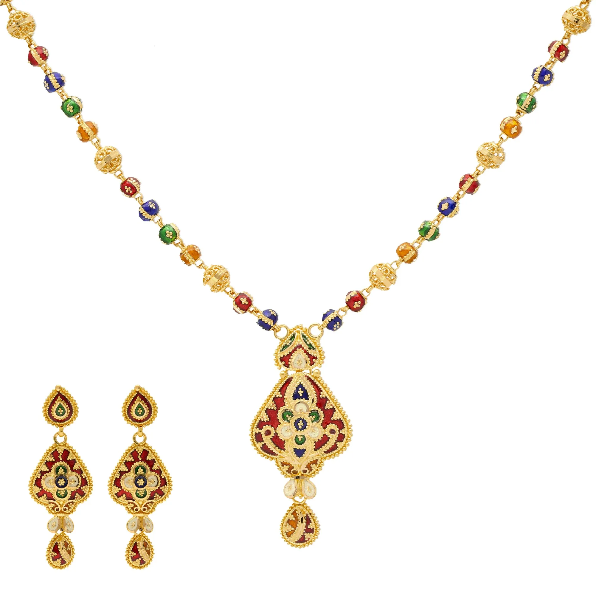 22K Yellow Gold Meenakari Pendant Set (31.5gm)
