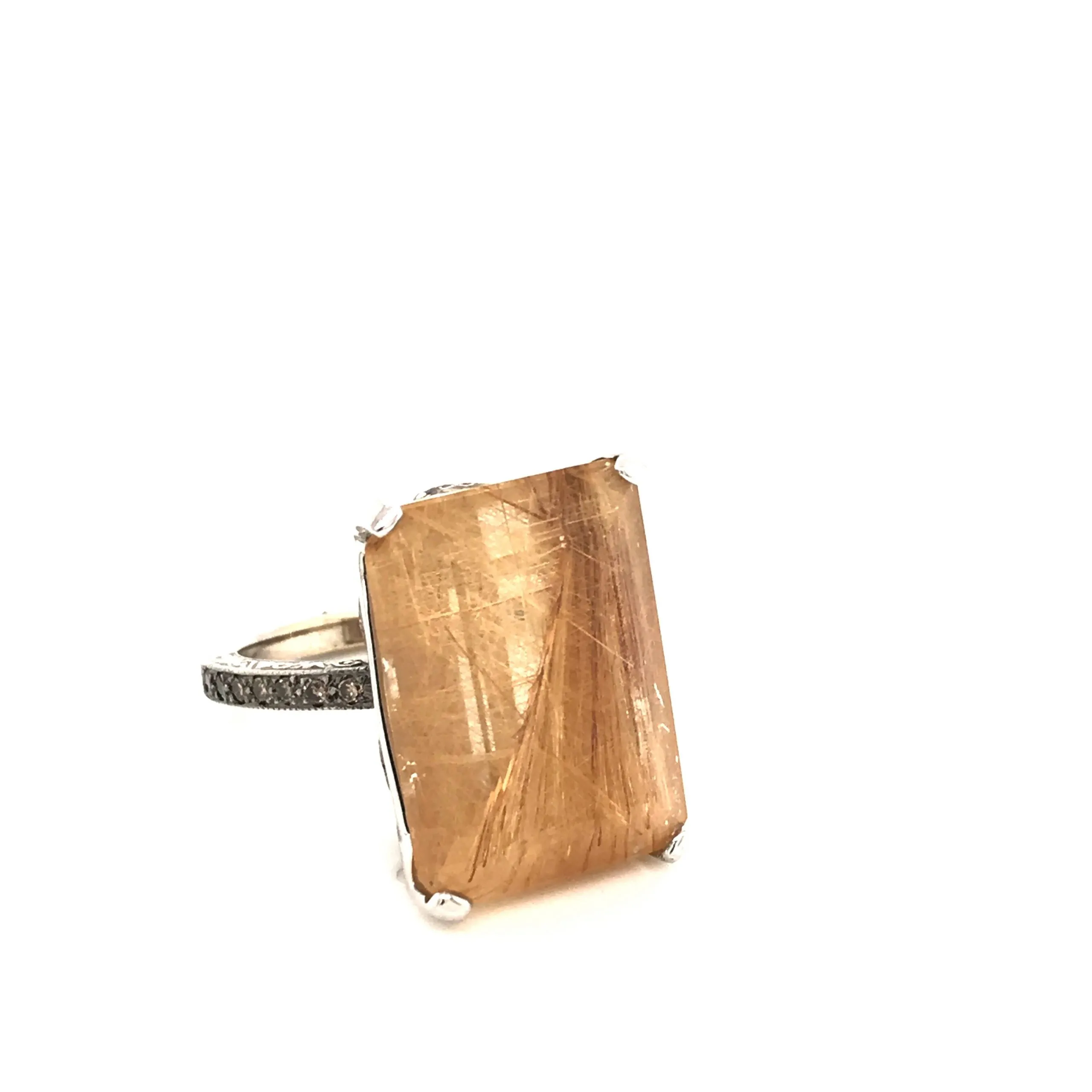 4 Prong Pavé Cocktail Ring with Center Emerald-Cut Rutilated Quartz