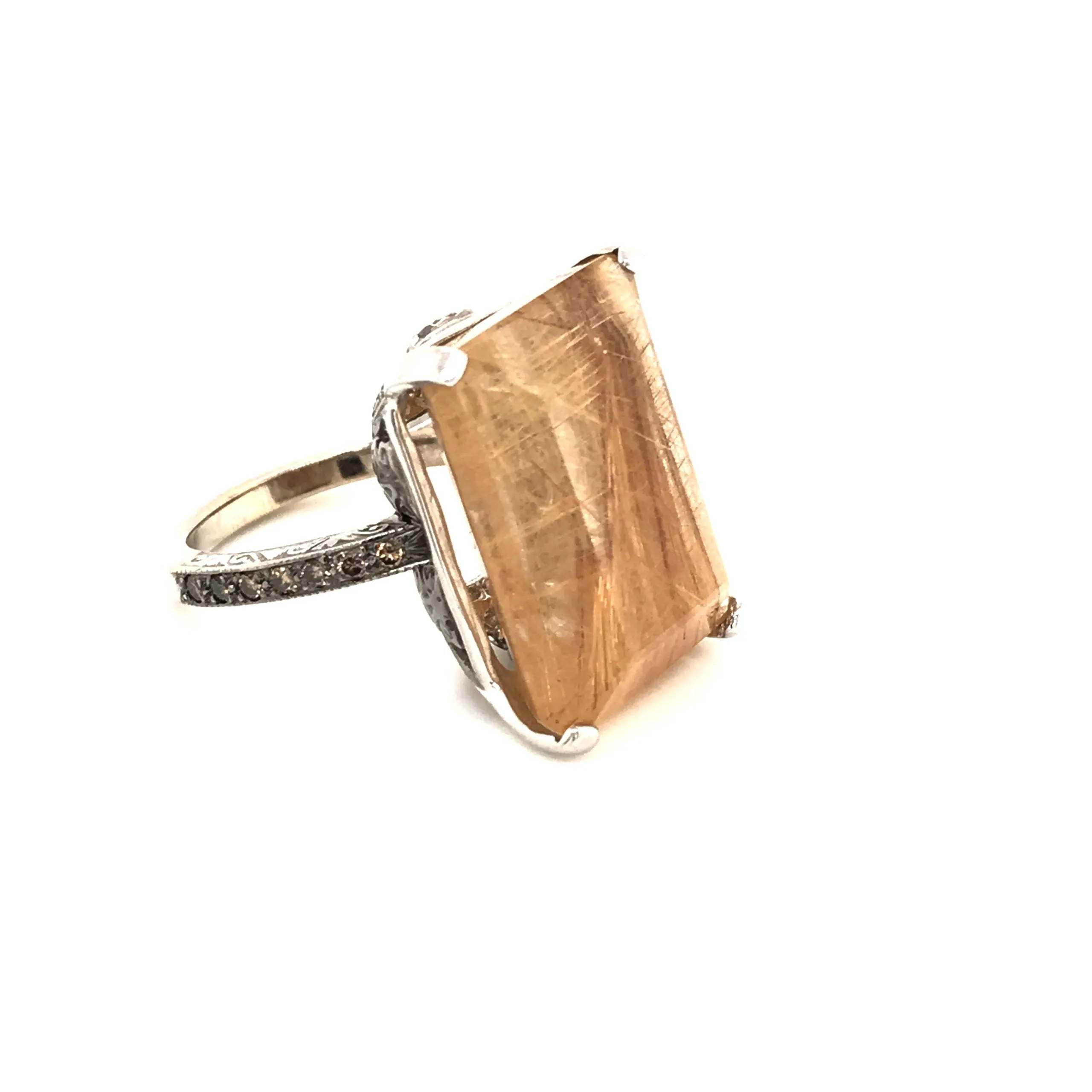 4 Prong Pavé Cocktail Ring with Center Emerald-Cut Rutilated Quartz