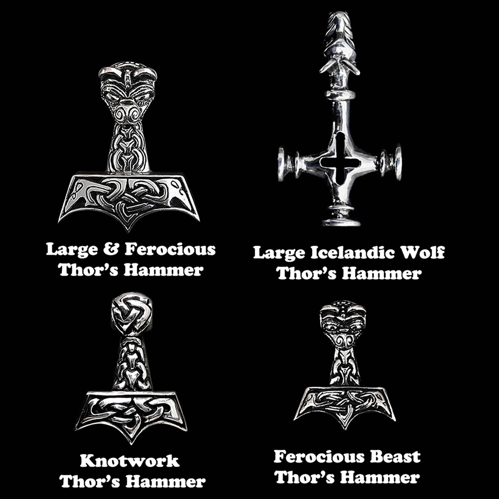 5mm Thick Silver King Chain Thors Hammer Necklace - Gotland Dragon Heads