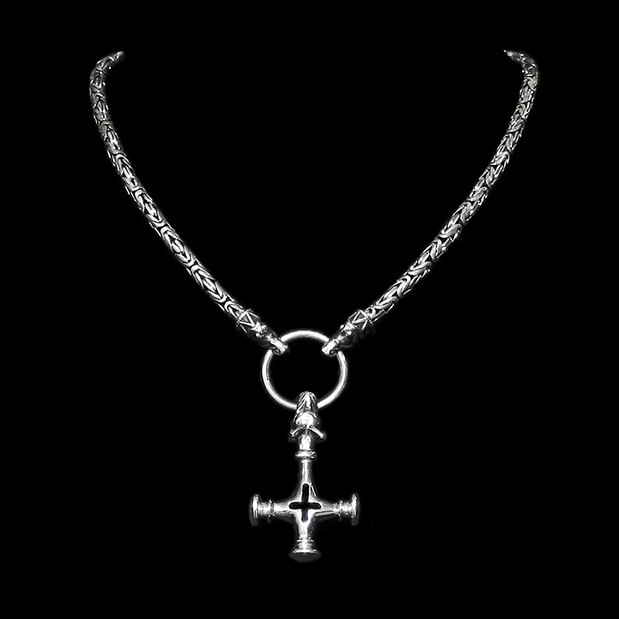 5mm Thick Silver King Chain Thors Hammer Necklace - Gotland Dragon Heads
