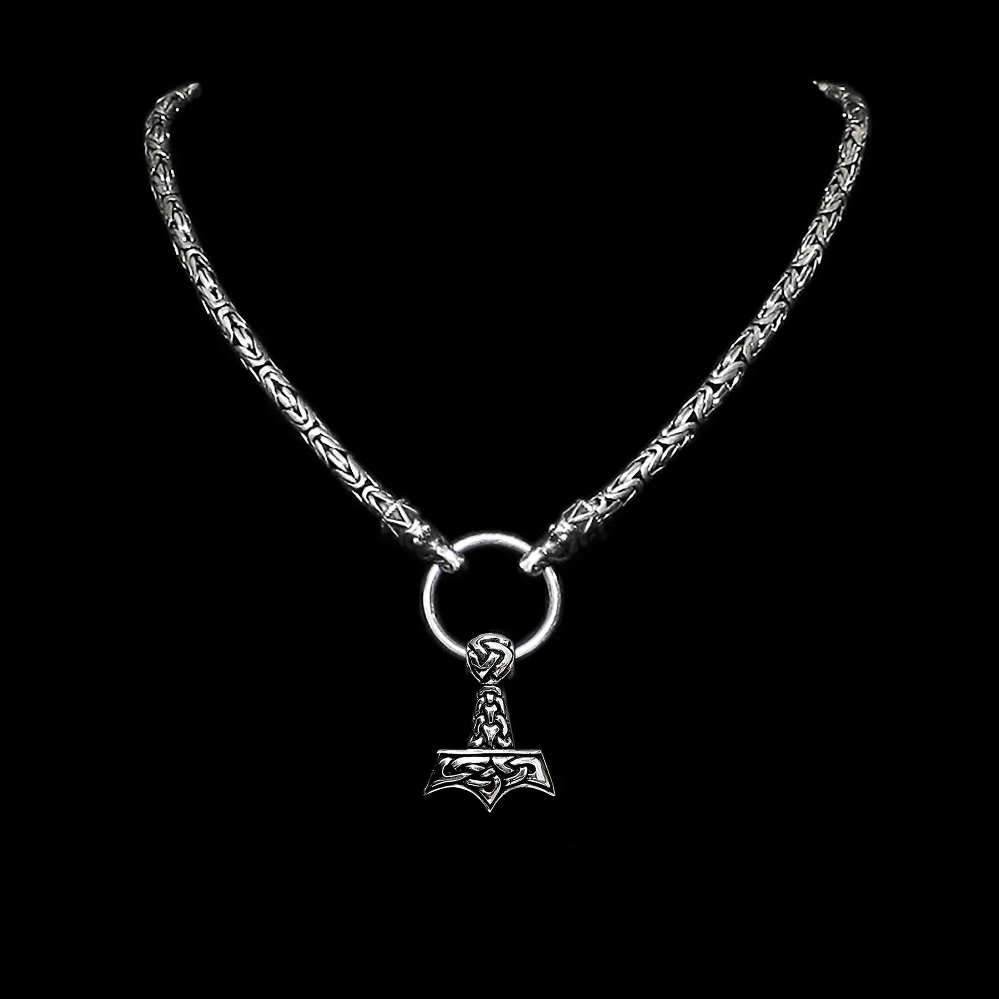 5mm Thick Silver King Chain Thors Hammer Necklace - Gotland Dragon Heads