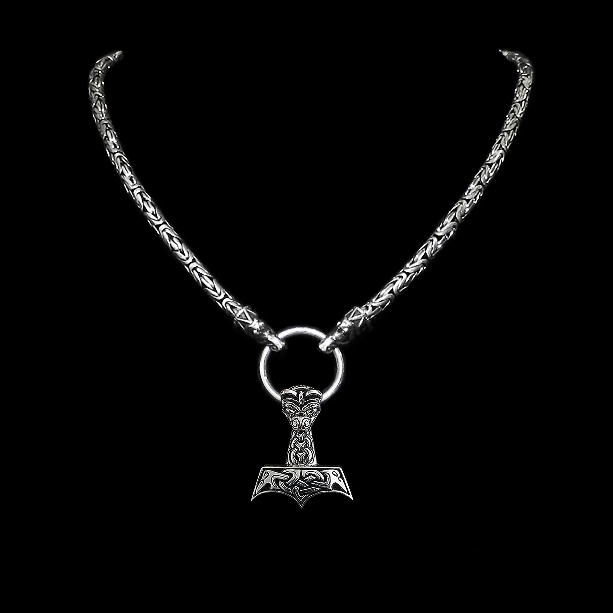5mm Thick Silver King Chain Thors Hammer Necklace - Gotland Dragon Heads
