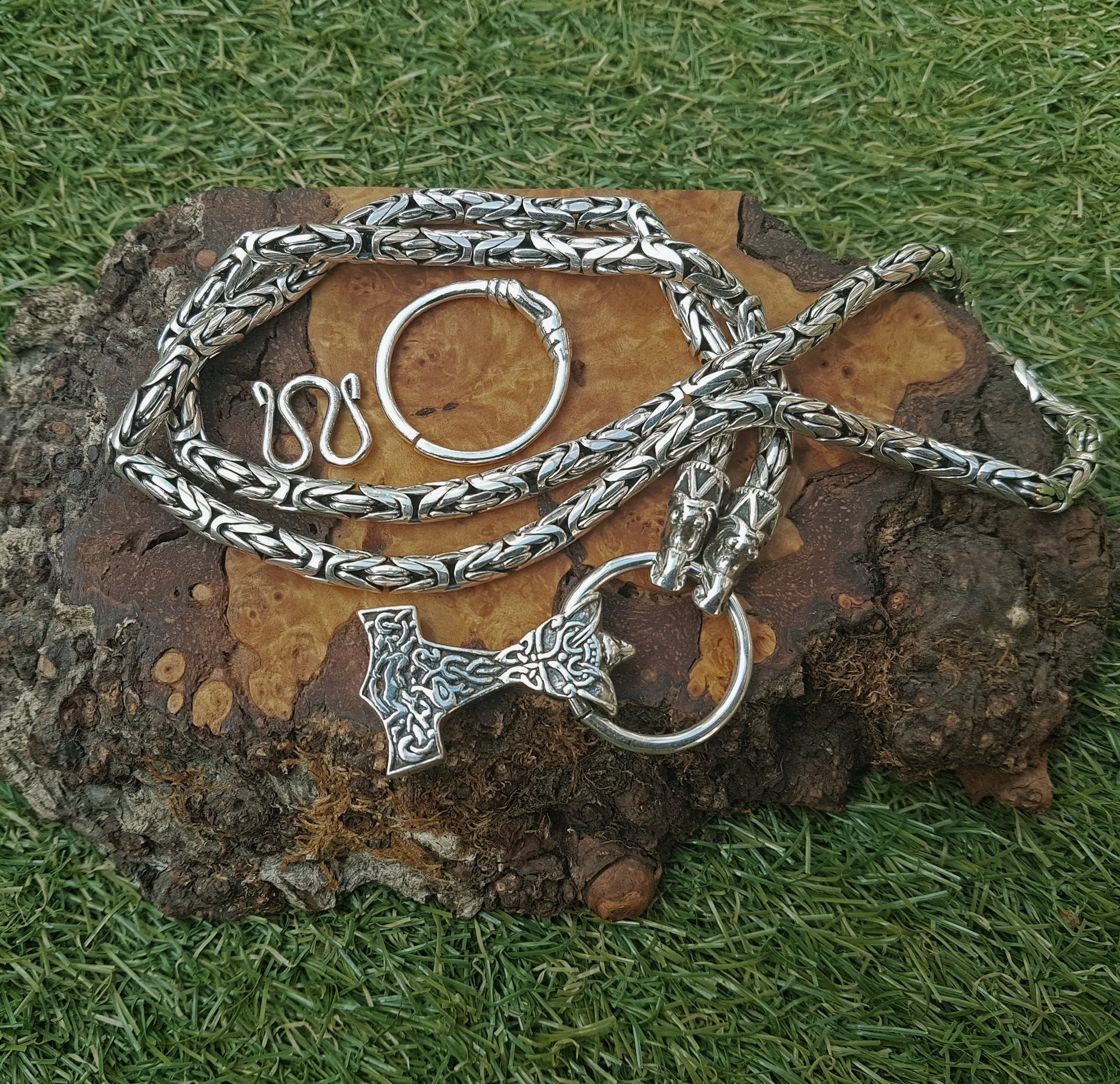 5mm Thick Silver King Chain Thors Hammer Necklace - Gotland Dragon Heads